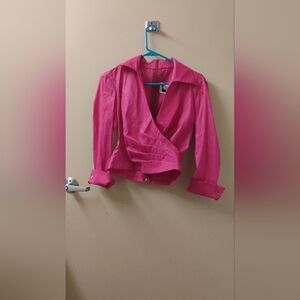 Vintage 1980s Does 1950s Pin Up V Neck Hot Pink Tadashi Collared Blouse